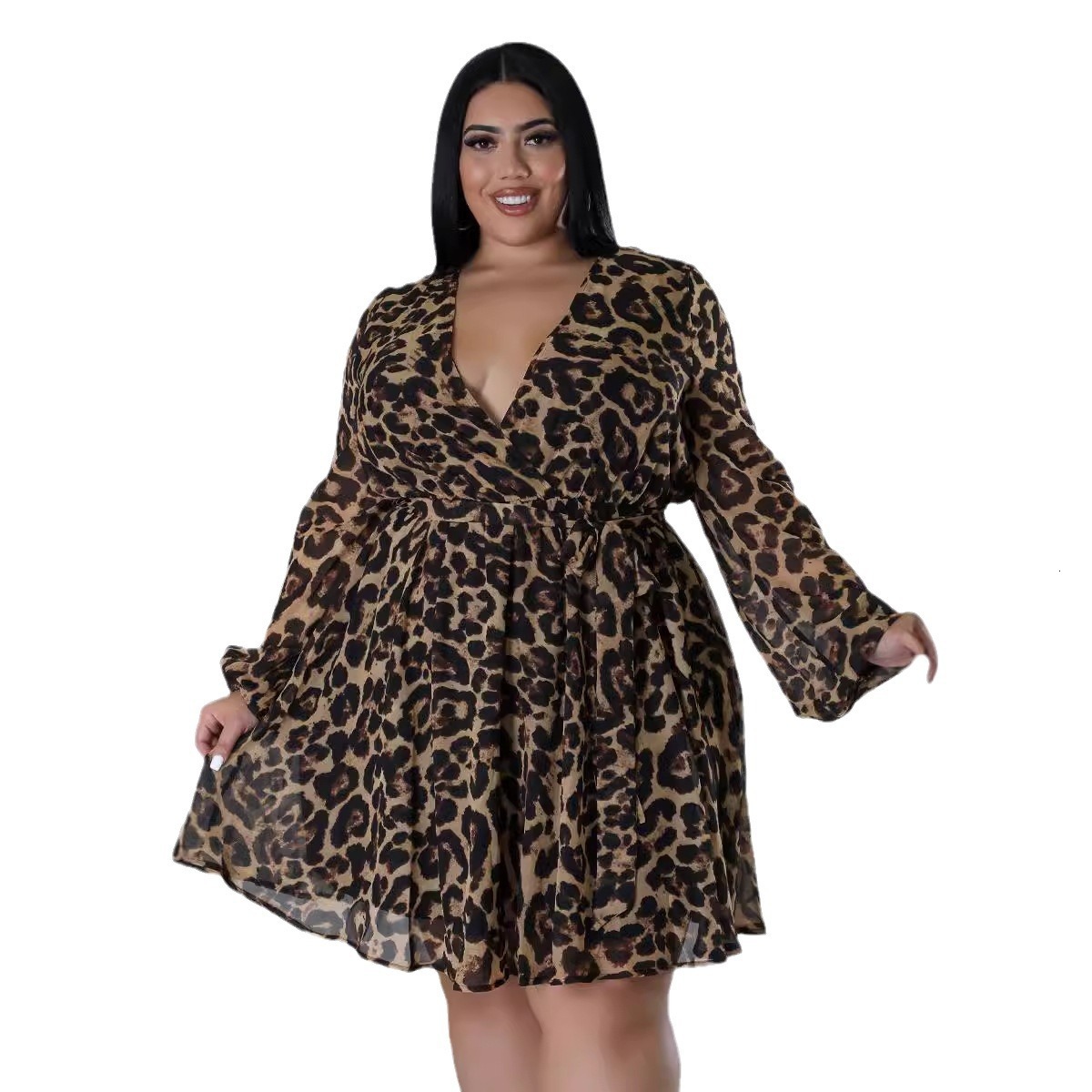 Autumn and winter new European and American plus size women's leopard print plus size long sleeved sexy V-neck dress