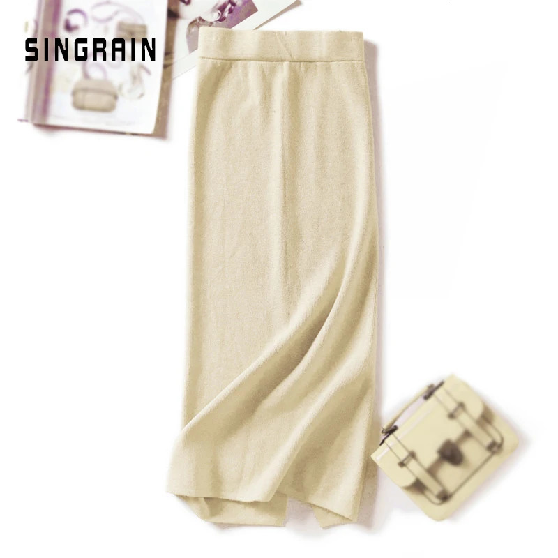 SINGRAIN Women sweater skirt pencil midi knitted skirt high waist skirts womens winter long warm knitting skirts split bottoms 251020