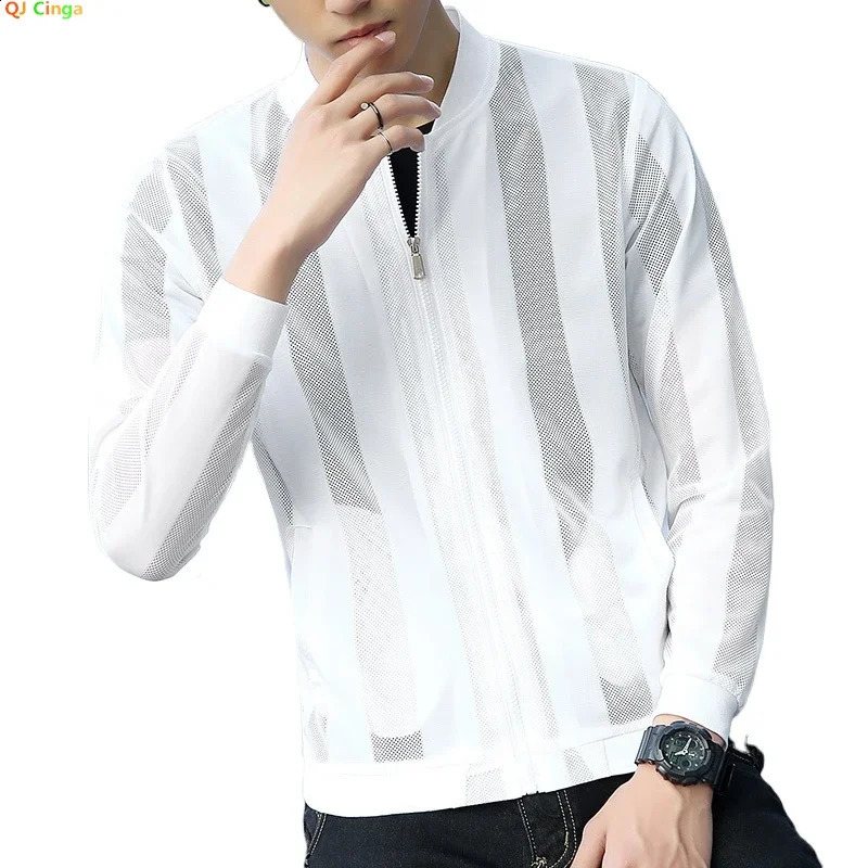 White Cutout Mens Long Sleeve JacketSummer Striped Sun Protection Coat Black Light Thin Top JacketsBreathableQuickdrying 251015