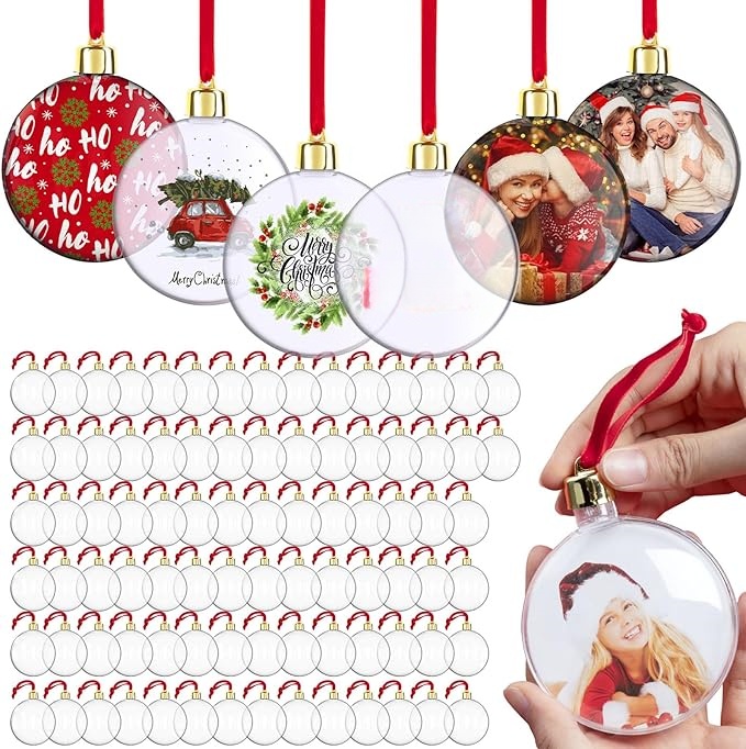 Christmas Photo Ornaments Ball with Your Own Photos Clear Plastic Hanging Picture Frame Ornaments Bulk DIY Personalized Baubles for Christmas Tree Dec