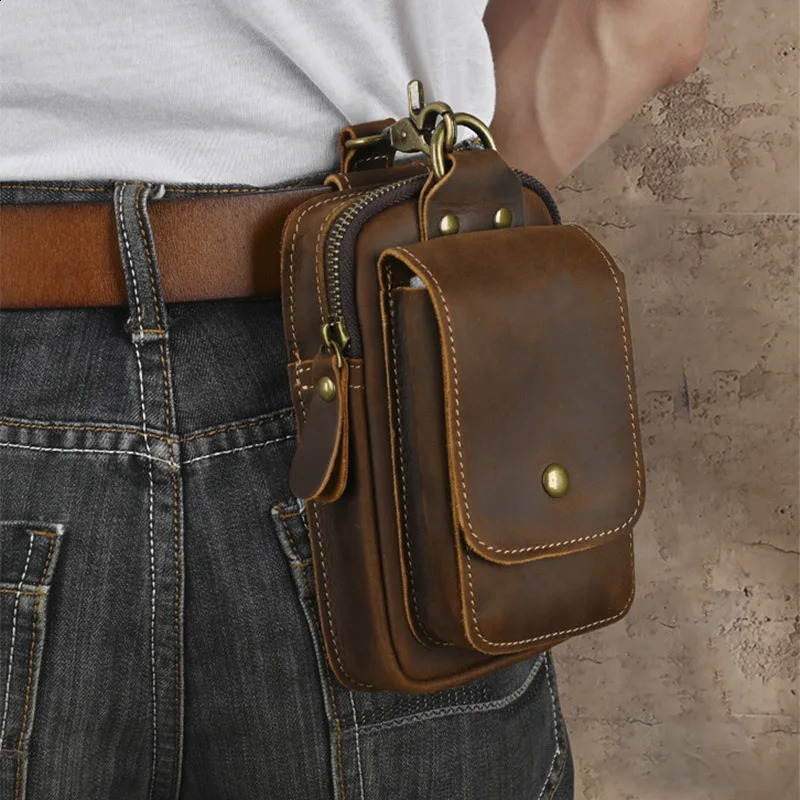 Hardware Clasp Waist Bags Men First Layer Genuine Leather Hang Bag Cowhide Wallets through the belt Zipper Retro Phone Purse251023