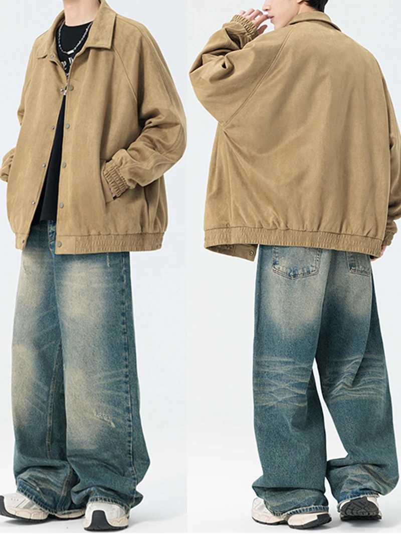 Suede Leather Jacket Men Spring Autumn Turndown Collar Casual Jacket Men Streetwear Plus Size M8XL for Big and Tall Mens Coats W251023