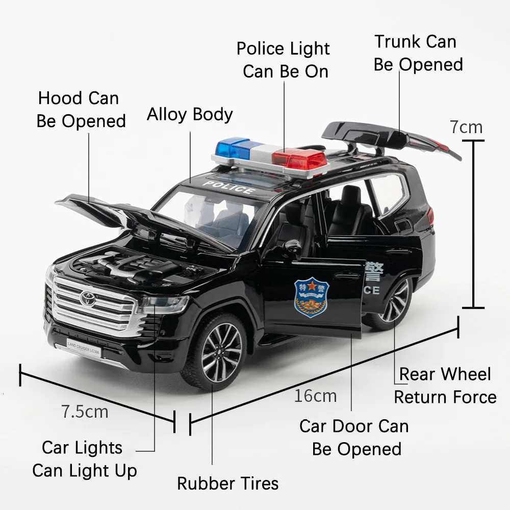 132 Prado Land Cruiser LC300 Police Car Metal Model Toy Alloy Diecast Vehice Rubber Tire Sound Light Pull Back Toy Gift for KidT251023