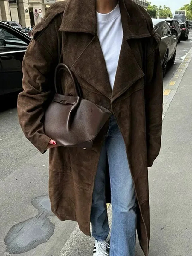Women Suede Trench Coat Winter Chic Coats Solid TurnDown Collar Long Sleeves Belt Double Breasted Fashion Jackets 251013