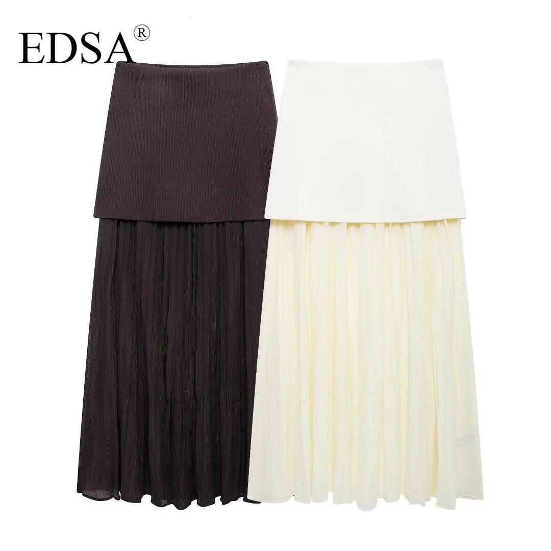 EDSA Women Combined Pleated Knit Skirt with Elasticated Waistband High Waist Semisheer Midi Skirt for Casual Female 251020