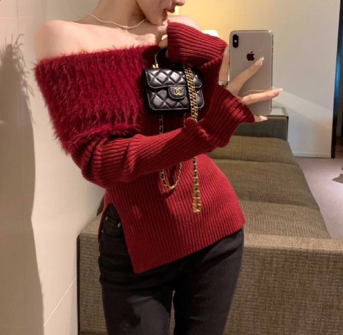 Offshoulder Tops Cherry Red Fuzzy Knit Side Slits Long Sleeve Off The Shoulder Sweater Autumn Winter Christmas Festival Outfit 251023