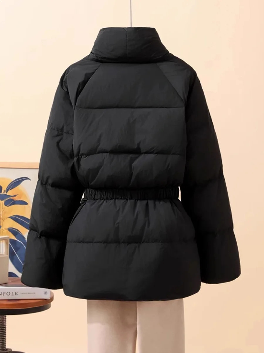 Schinteon Women White Duck Down Jacket Casual Loose Belt Vneck Collar Fashion Autumn Winter Outwear Korean Style Coat 251022