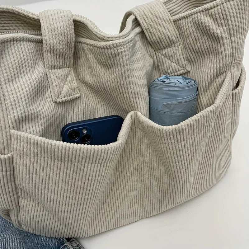 Multiple Pockets Womens Corduroy Tote Handbag Simple Striped Shoulder Bag with Fixed Straps Zipper Large Capacity Commuting BagL251023