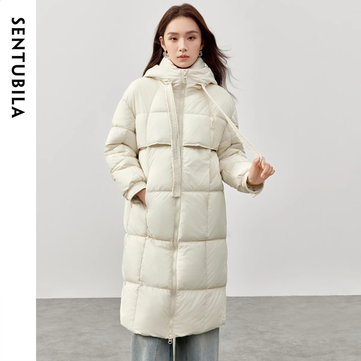 SENTUBILA Womens Long Parkas Winter Padding Coat Oversized Stand Neck Hooded Zipper Warm Outerwear Woman Clothes W44M58169 251021