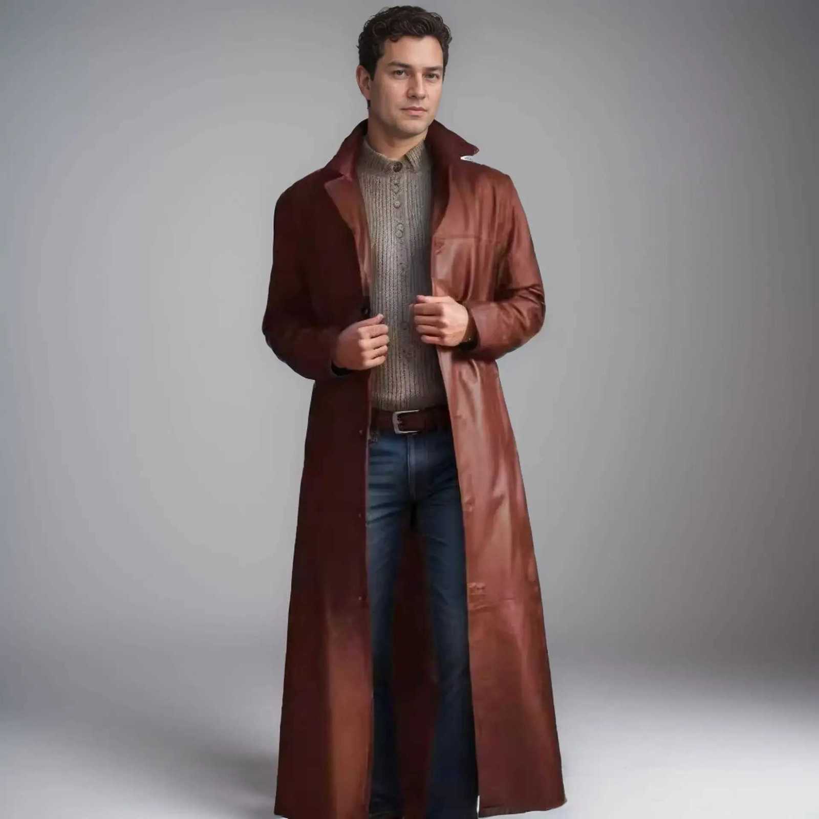 Fashion New Mens PU Leather Trench Coat Long Jacket Spring Fall Winter Detective Cosplay Costume Gothic Moto Biker Punk Outwear W251023