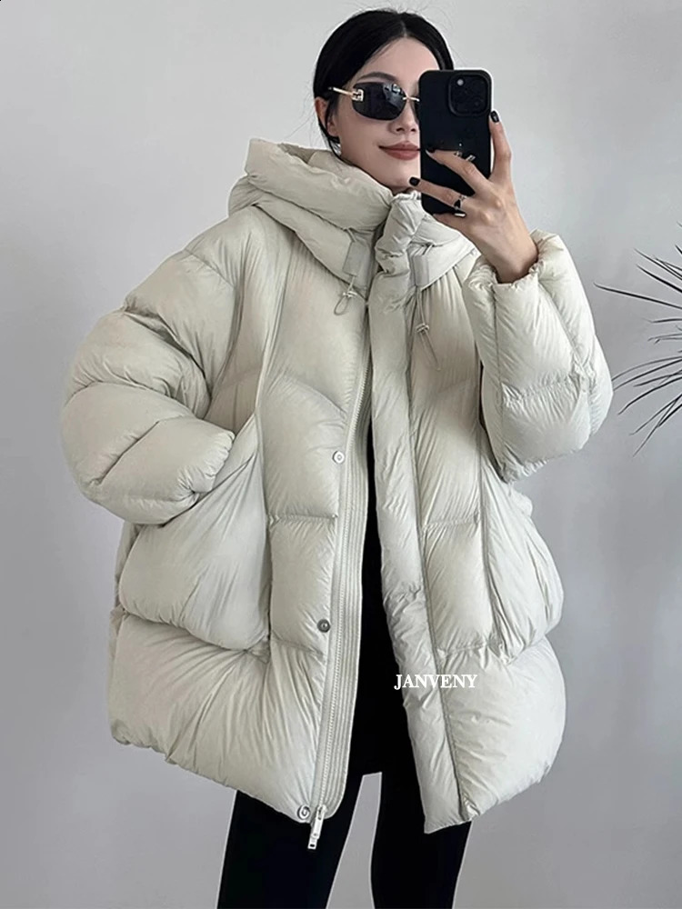 Janveny Winter Thickened Puffer Down Jacket Women Warm Hooded Medium Length Loose Solid Color 90 White Duck Coat 251022
