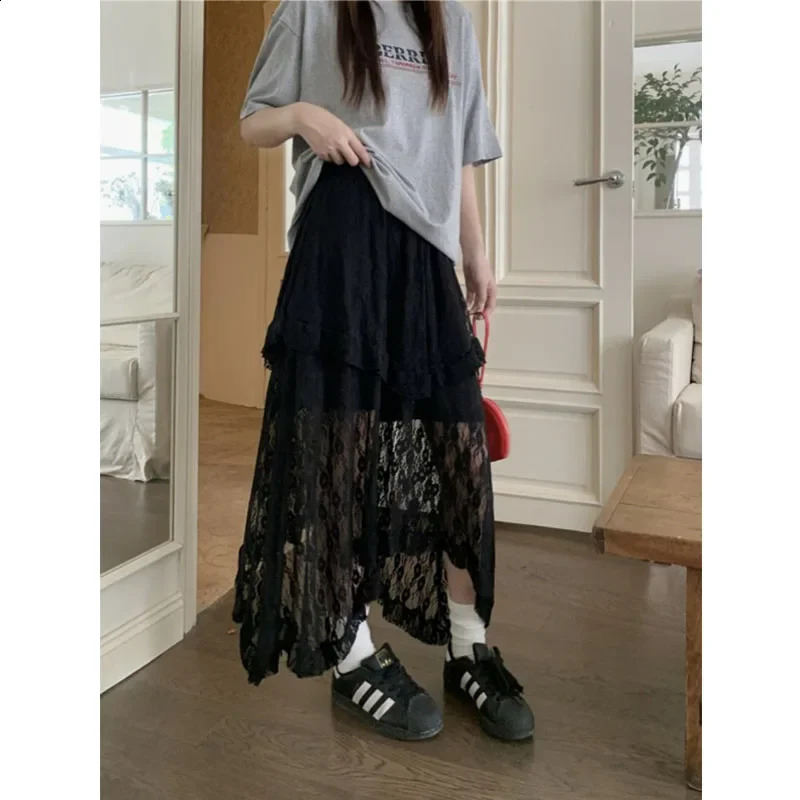 Deeptwon White Lace Asymmetrical Skirt Women Fairycore Sweet Vintage Mid Irregular Skirt Korean Style Aesthetic Ruffle Skirts 251013