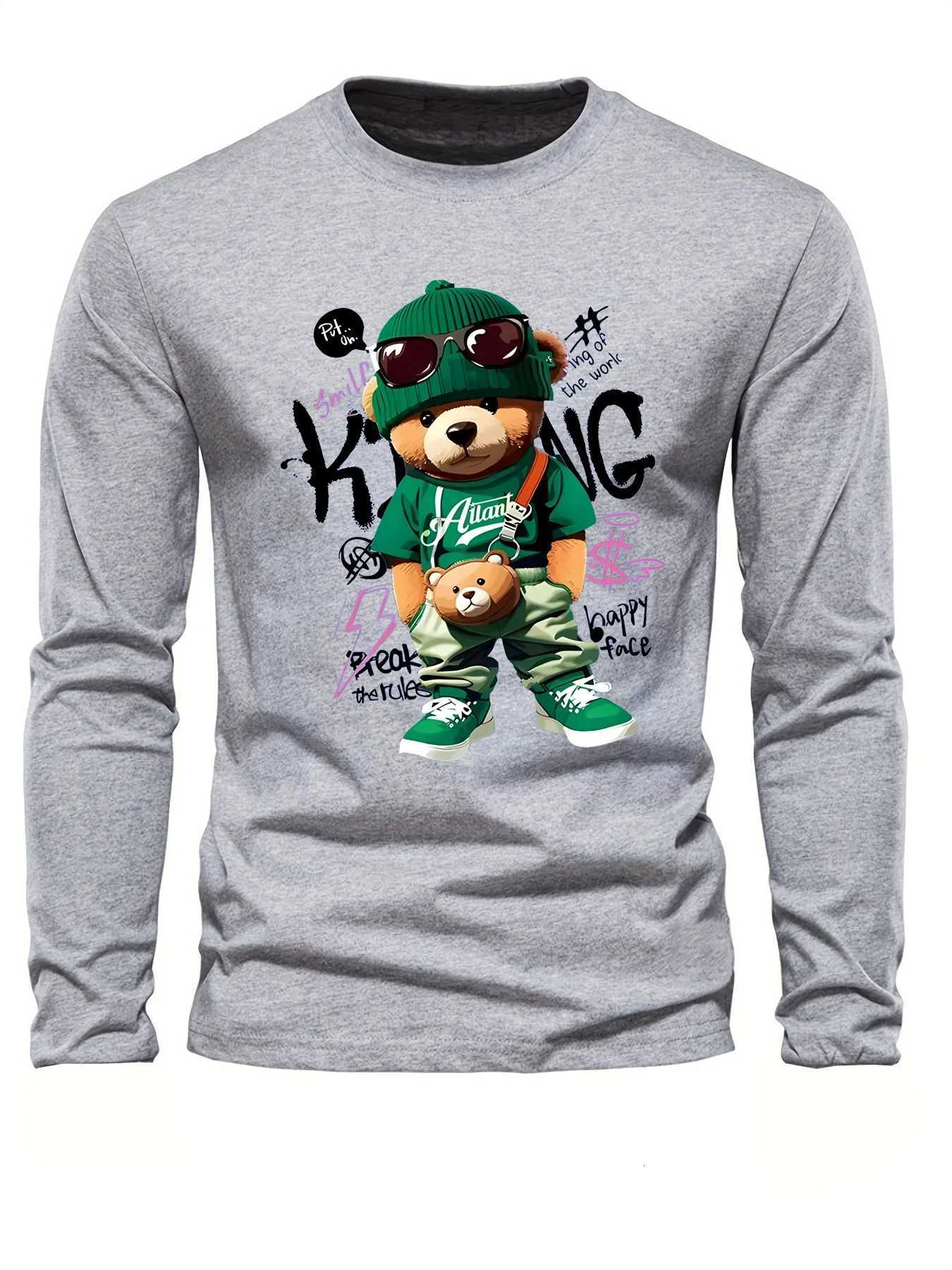 Mens 100 pure cotton loose and comfortable sports casual fashion cartoon bear print round neck long sleeved Tshirt topXJ251023