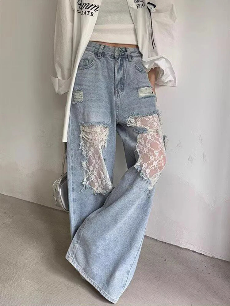 Womens Y2K American Style High Waist Lace Spliced Denim Pants Loose Wide Leg Trousers Fashion tie Hole Patchwork Jeans 251022