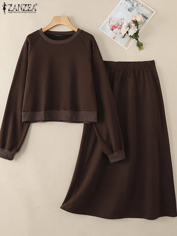ZANZEA Fashion Women 2 Piece Outfit Autumn Long Sleeve Top Casual High Waist Skirt Sets Solid Dress Suits Tracksuits 251022