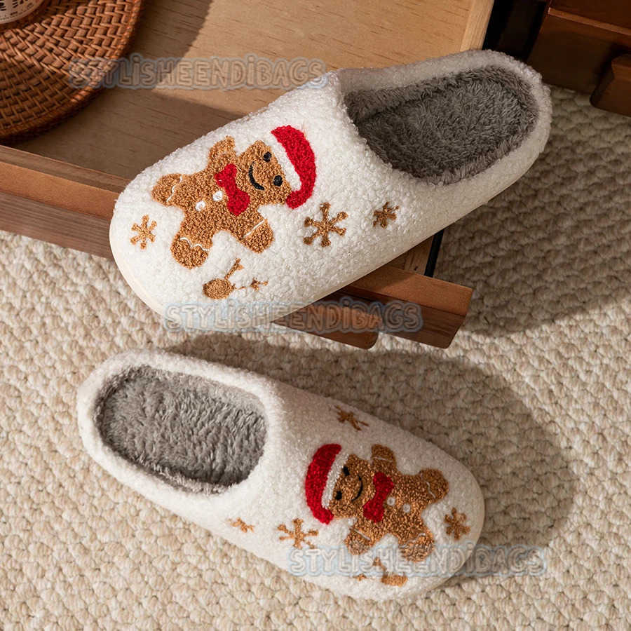 Womens Christmas Slippers Adorable Indoor Festival Gingerbread Man Embroidery Couple Fashion Winter Holiday Christmas Shoes H251023