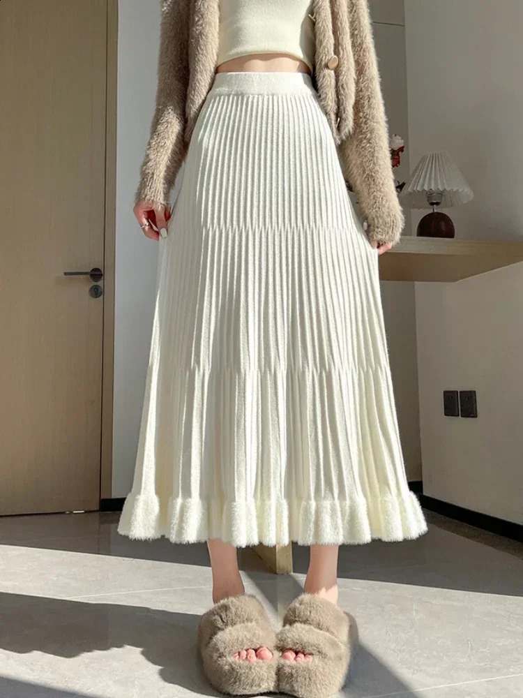 Womens Pink HighWaisted Knitted Skirt Solid Color ALine MidLength Pleated Fashion Autumn Winter 251022