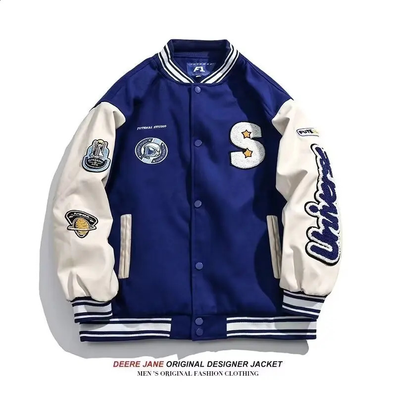 Vintage Baseball Jacket Men Women Couple Klein Blue PU Sleeves Bomber Mens Outwear Fashion Coat Man 251023