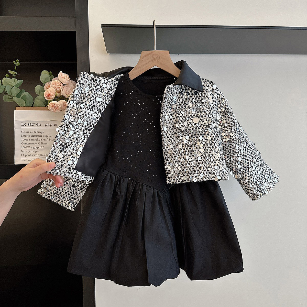 Girl designer fashion style set Spring and Autumn baby girl sequin jacket dress short skirt two-piece princess style