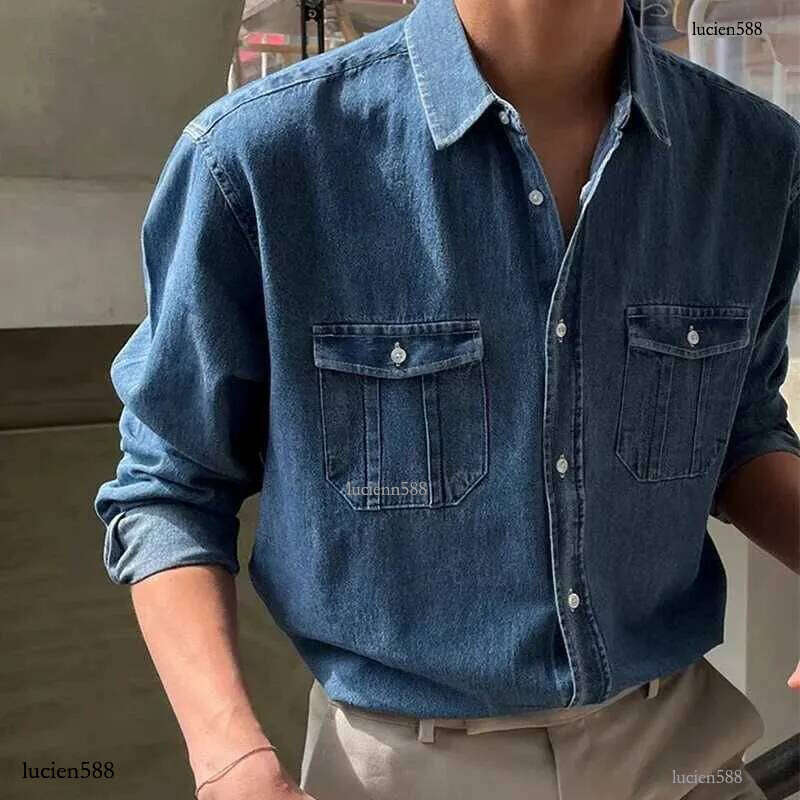 Streetwear Mens Denim Shirts Fashion Patchwork Pockets Long Sleeve Jean Shirt for Men Vintage Solid Color Button Denim Cardigans W250227