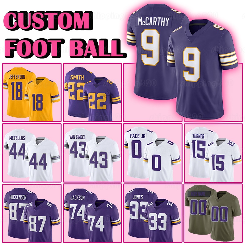 9 JJ McCarthy Football Jersey 18 Justin Jefferson 44 Josh Metellus Andrew Van Ginkel Smith Hockenson Pace Jr Turner Jackson Aaron Jones Christian Darrisaw Addison