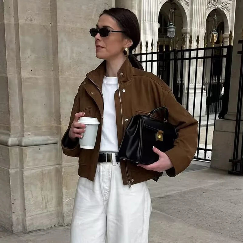 MUJER Suede Bomber Jacket Women Fashion Zip Varsity Jackets for Streetwear Outerwear Long Sleeve Coat 251018