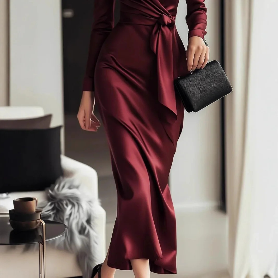 Elegant Satin Long Sleeve VNeck Gown with Waist Belt AnkleLength Dress Polished Autumn Style CrossBorder 251022