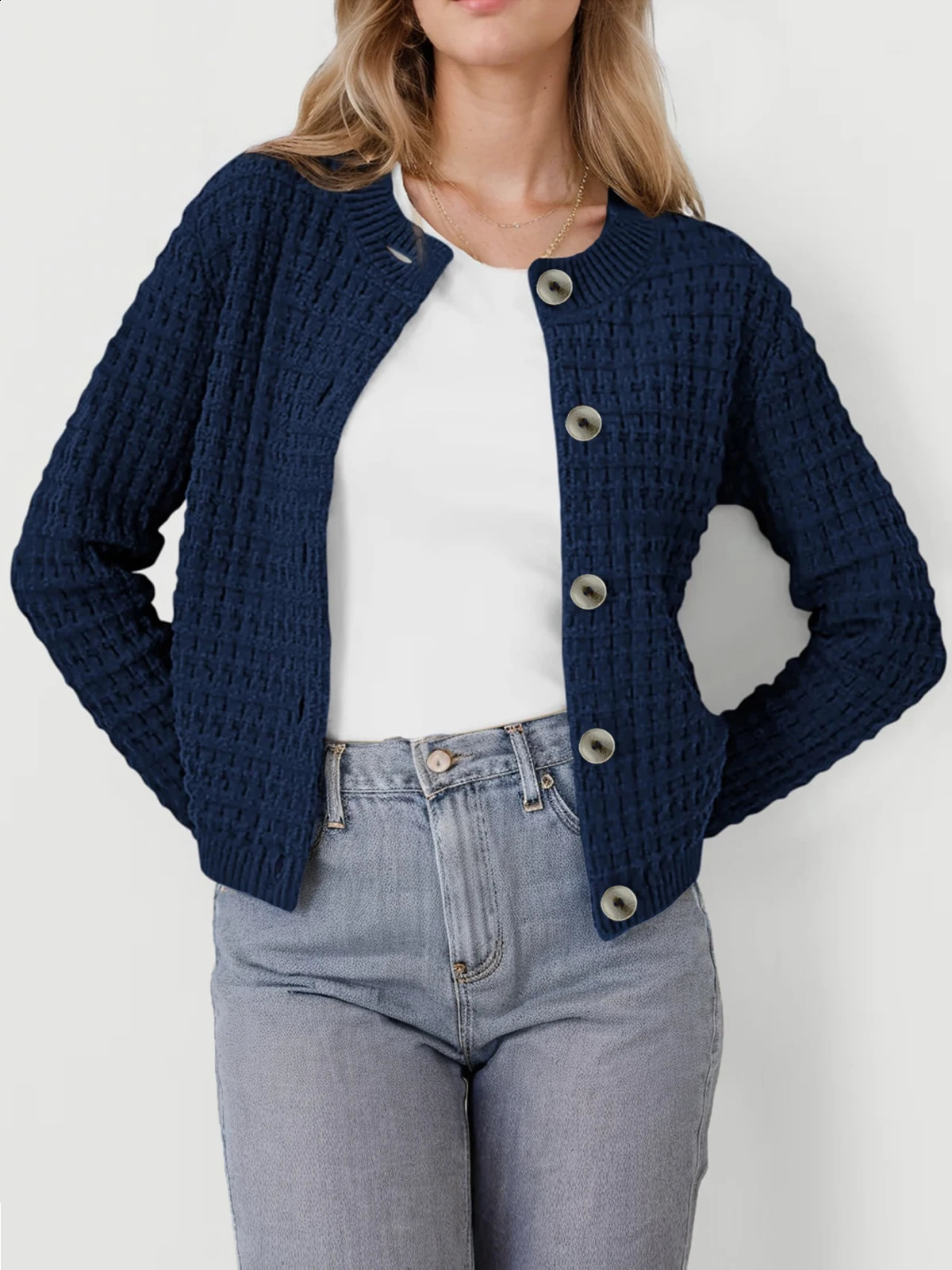 Womens Temperament Round Neck Knitted Top Retro Casual SingleBreasted LongSleeved Cardigan Sweater Jacket 251023