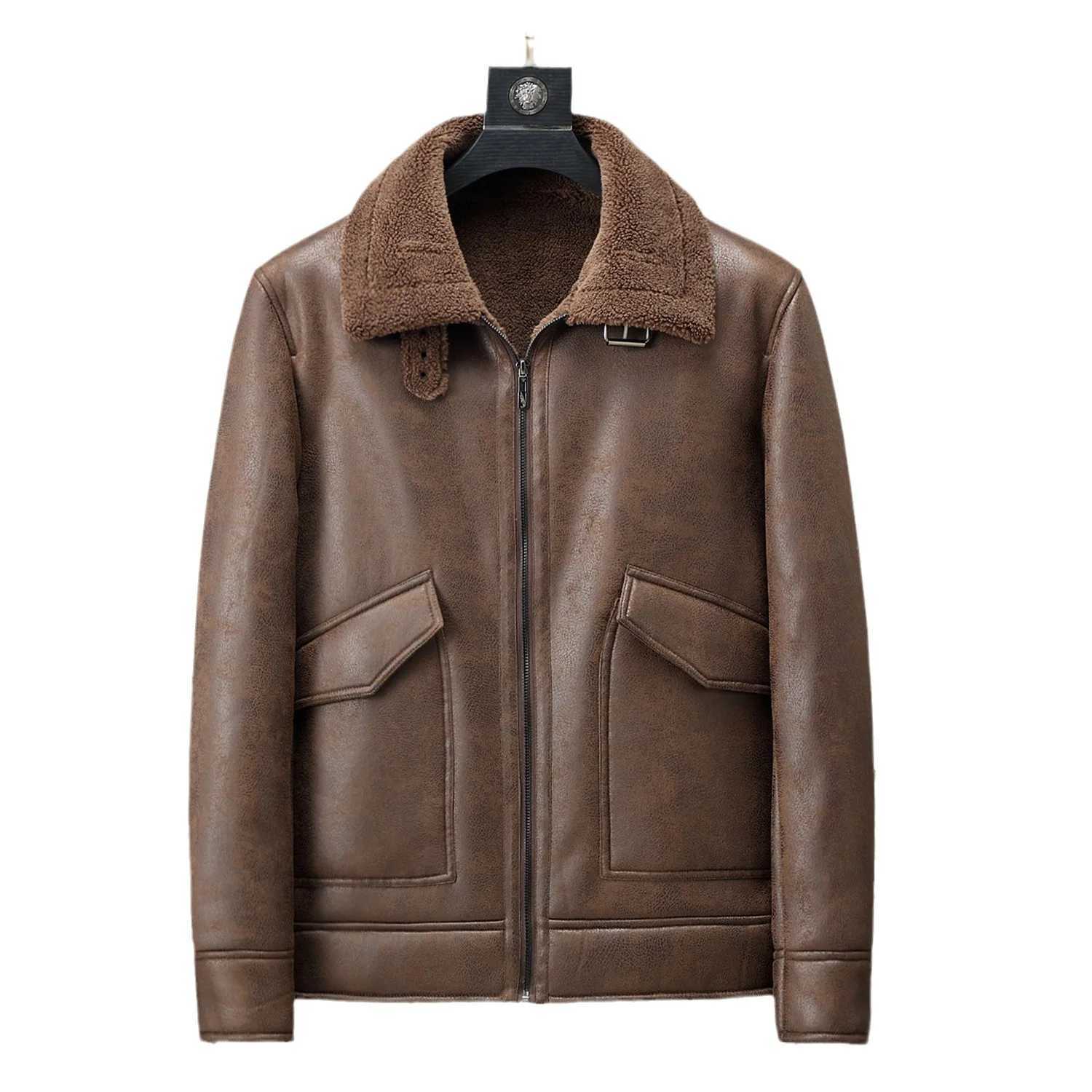 Leather Coat Men Plus Thick Fleece Men Fur Collar Velvet Autumn and Winter New Thickened Youth Main Mens Winter Leather Coat W251023