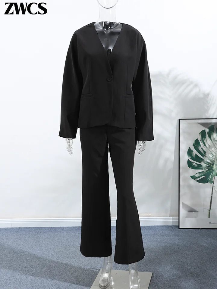 Elegant Vneck Blazers Coat Pants Set Women Solid Single Button Suit Coats Straight Long Trousers Autumn Office Lady Outfit 251022