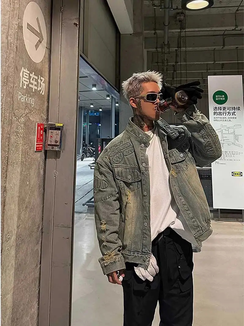 REDDACHIC 90s Retro Destroyed Denim Jacket Men Distressed 3D Padded Long Sleeves Loose Casual Bomber Coat Biker Moto Y2k Outwear 251017