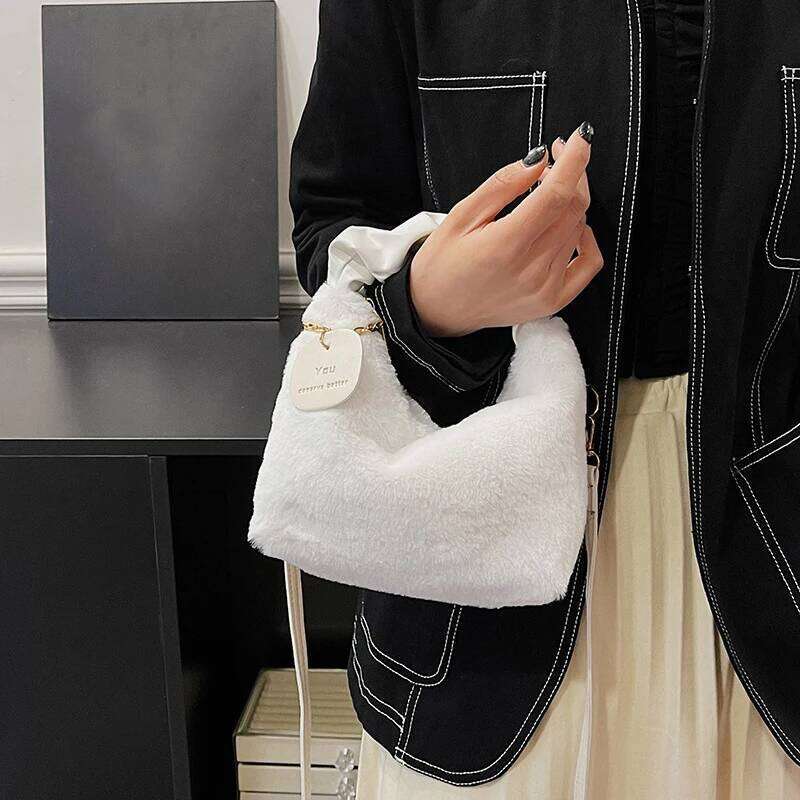 Faux Fur Plush Handbags Ruched Handle Small Lady Shoulder Crossbody Bag Casual Tote Half-Moon Hobos Winter Bags For Women