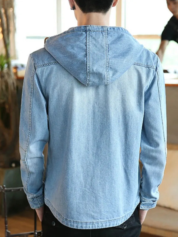 Spring Autumn Japanese Retro Mens Hooded Denim Jacket Slim Fit Zipper Casual Outerwear Male Long Sleeve Streetwear Coats 251017