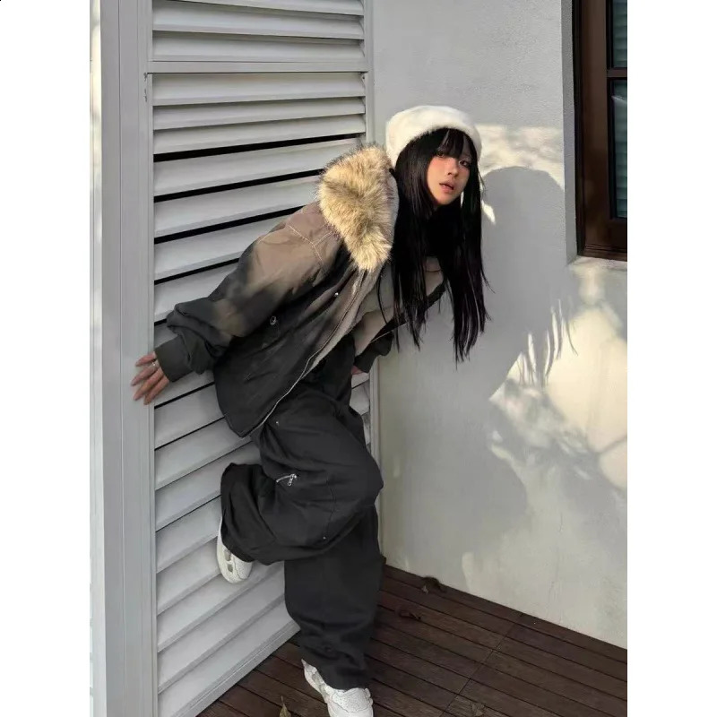 Winter American Retro Parka Coat down Cotton Faux Rabbit Fur Large Collar Hooded Versatile Womens Jacket 251022