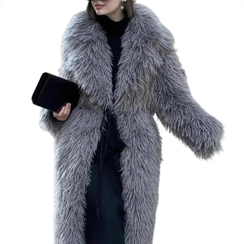 Women Faux Fur Jacket Thick Loose Long Coat Warm Turn Down Collar Full Sleeve Open Stitch Coats Solid Winter 2025 251014
