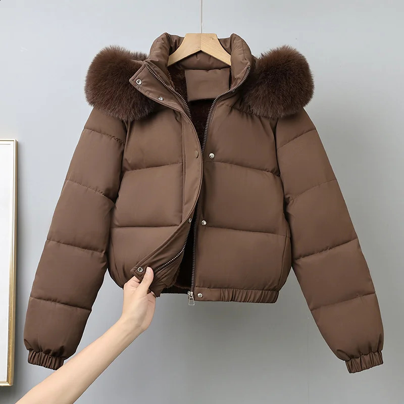 Winter Short Parkas Womens Cottonpadded Clothes Add Velvet Thicken Outerwear Fur Collar Removable Hooded Coats Warm Jackets 251021