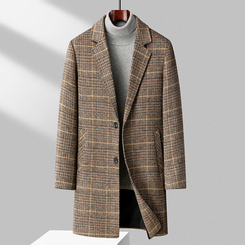 High Quality Mens Casual MidLength Plaid Woolen Coats Winter Outwear Warm Tops Overcoat Thick Striped Wool Windbreaker Jackets 251023