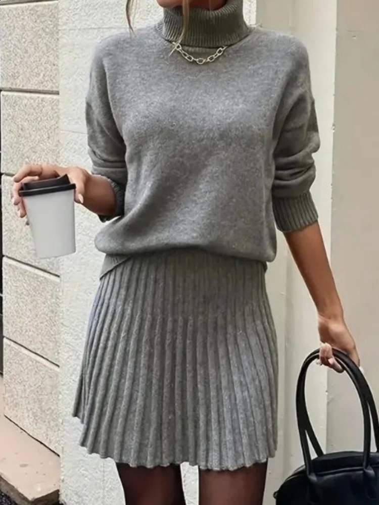 Womens Clothing Autumn Winter Solid Color Fashion Casual Suit Turtleneck Knitted Longsleeved Short Skirt Twopiece Set 251022