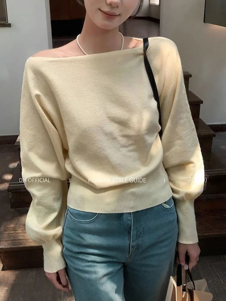 Boat Neck Long sleeve Knitwear Women Pullover Off shoulder Puff sleeve Sweater Spring Autumn Outwear Lady Casual Top 251023