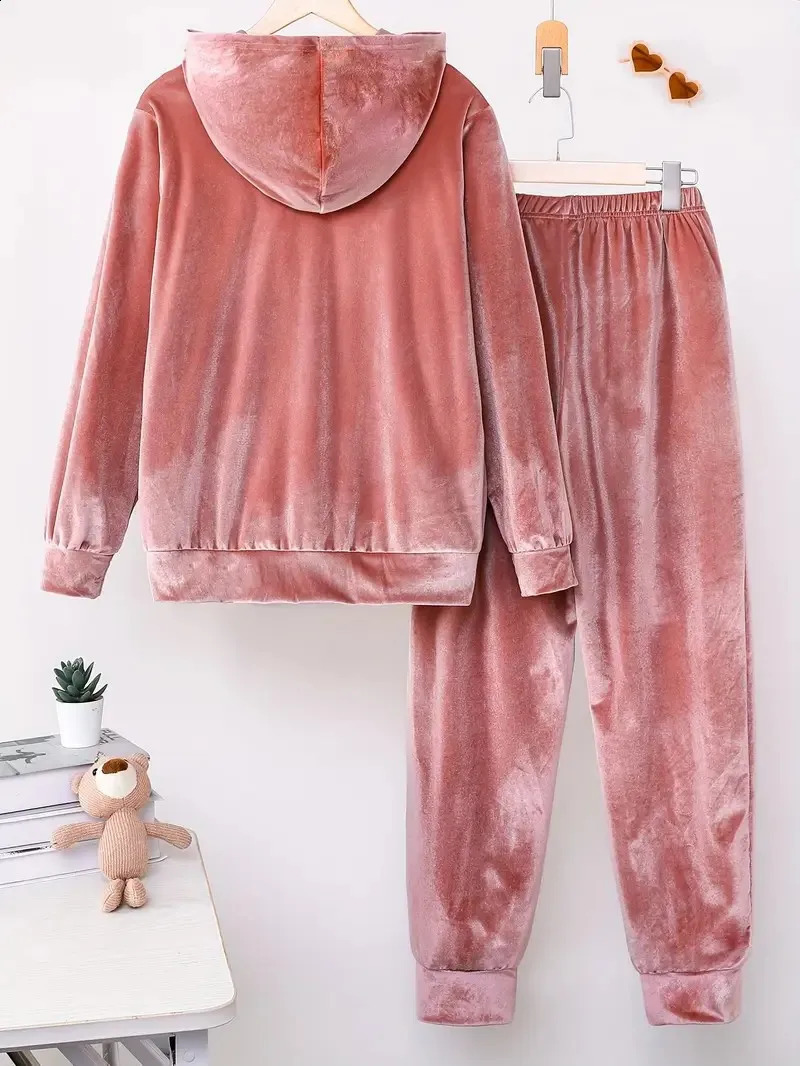 Autumn Winter Plush Two Piece Set Loose Solid Color Hooded Long Sleeved Sweatshirt Elastic Waist Trousers For Women 251022