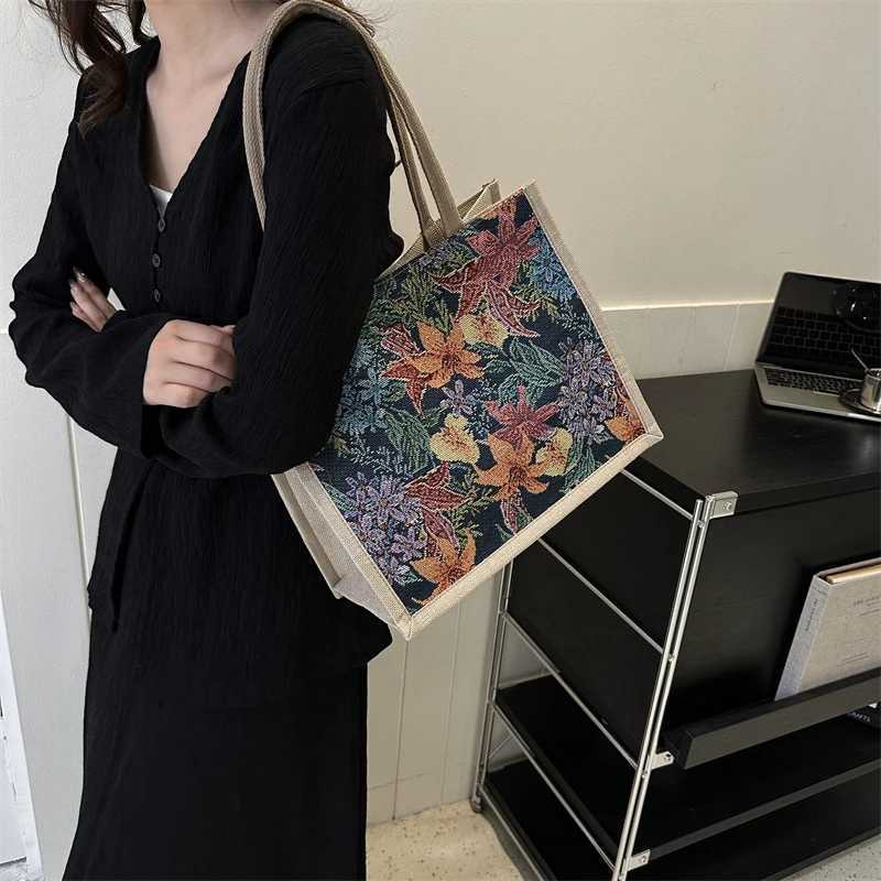 Linen Button Vintage Handbag Women Tote Large Capacity Grocery Bag Gift Bag Beach Organizer Portable Shopping Lunch Bag RetroL251023