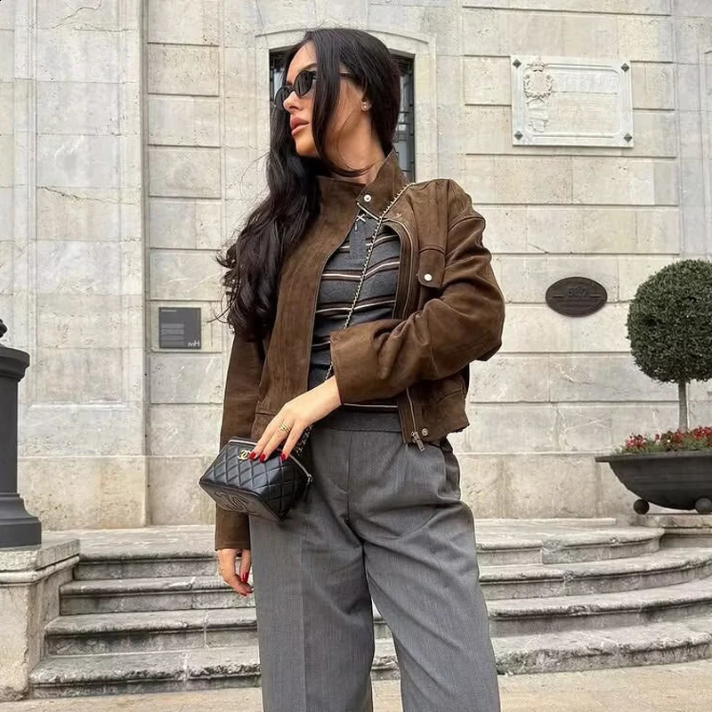 MUJER Suede Bomber Jacket Women Fashion Zip Varsity Jackets for Streetwear Outerwear Long Sleeve Coat 251018