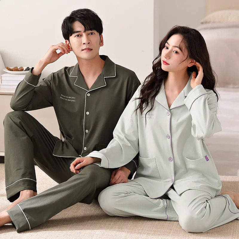 Solid Color Cotton Pajamas Set for Couples Women and Men Matching Sleepwear Long Sleeves Sleeping Top Trouser Cardigan Pijamas 251021