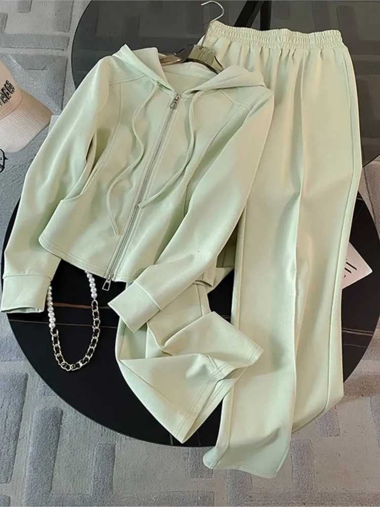 Fashion Solid Color Long Pant Twopiece Set For Woman Casual Hoodie Coats Wideleg Pants Suit Autumn Winter Ladies Office OutfitT251022