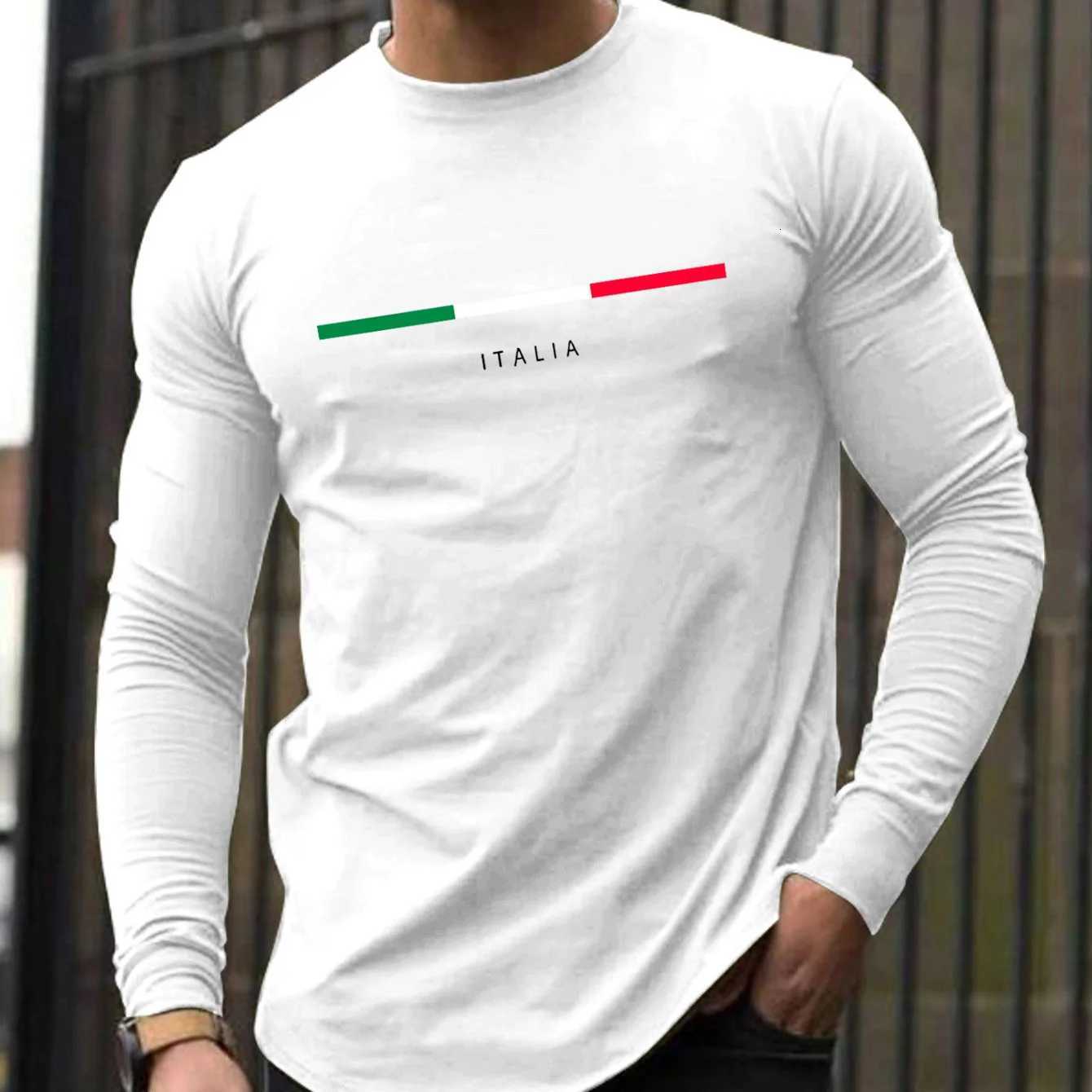 Mens Spring and Autumn 100 Cotton Loose Comfortable Casual ITALIA Letter Pattern Printed Round Neck Long Sleeve TshirtXJ251023