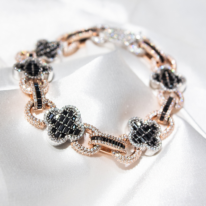 Hip Hop Iced Out Jewelry 925 Sterling Silver Vvs Black Moissanite Rose Gold Plated Clover Leaf Link Bracelet - view 5