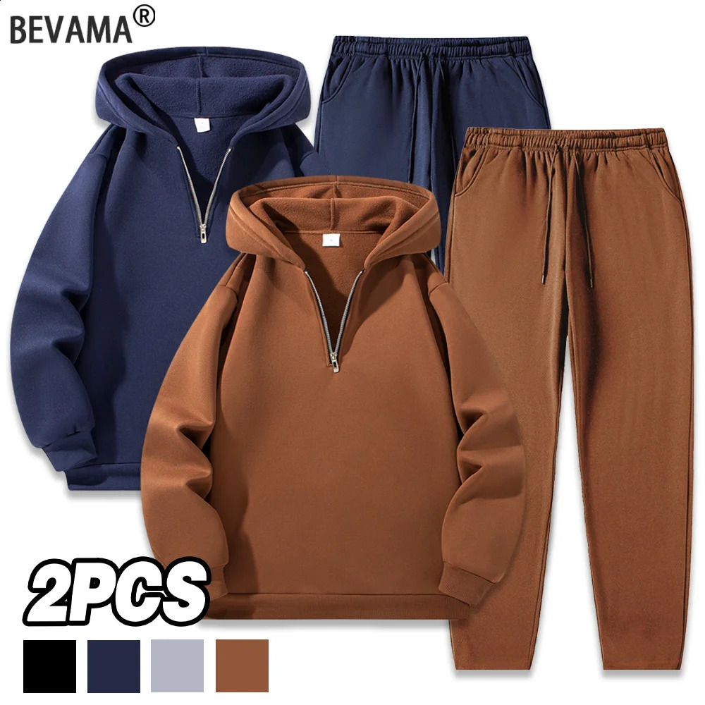 Mens Half Zipper Hoodie Trousers Suit Autumn Winter Solid Color Casual Sportswear Warm Outdoors S2XL Tracksuit 251023