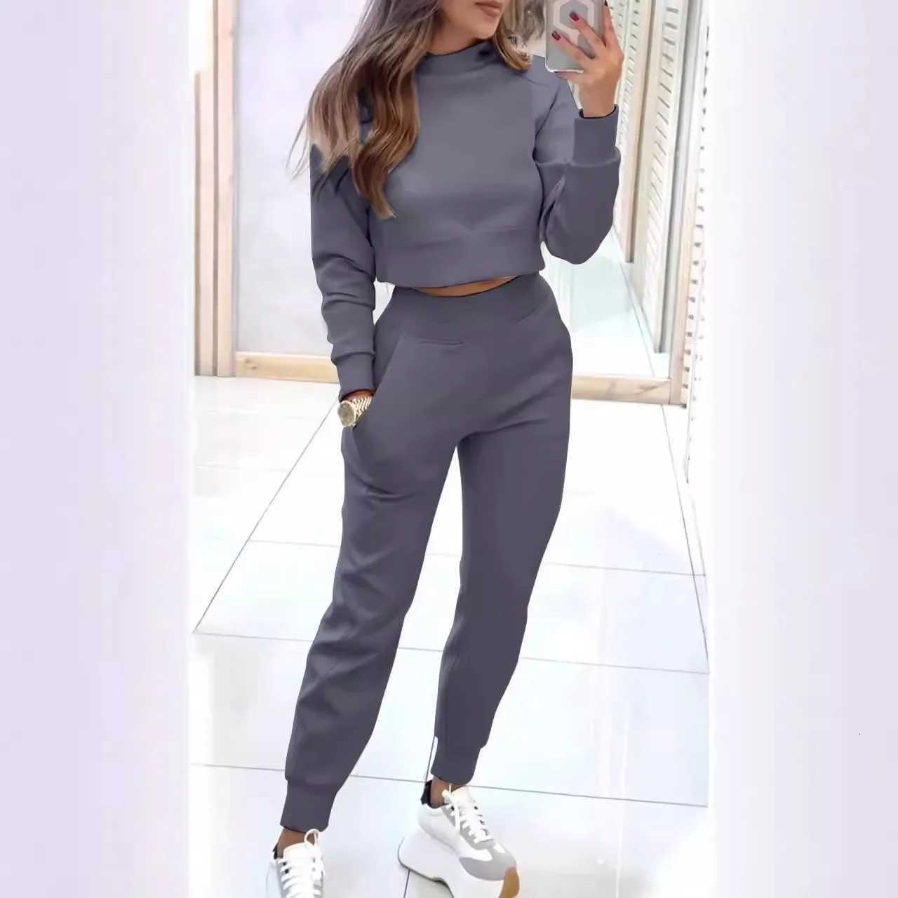 2025 New Womens 2piece Longsleeved Short Sweatshirt Turtleneck Fashion Casual Elastic Waist Slim Pant SetsT251022