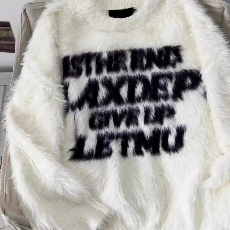 Letter mink sweater for women loose versatile knitted sweater contrast round neck pullover top 251023