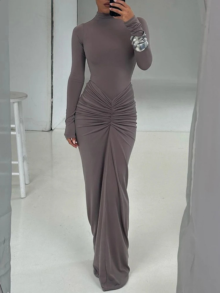 Womens Pleated Patchwork Long Dress High Waist Sleeve Slim Fit Maxi Gown for Summer Fashion Party Wear 251022